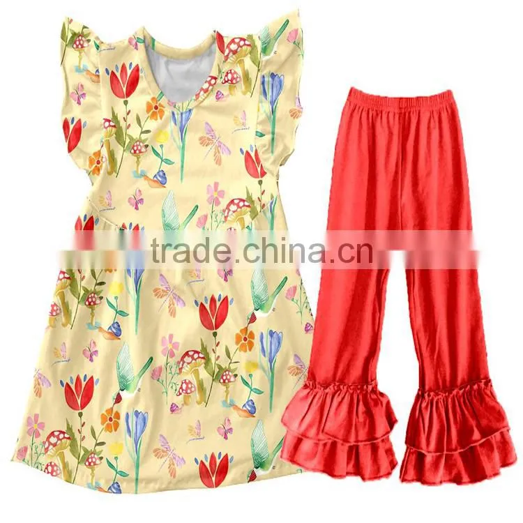 CH00300YIWU BOYA Cotton milk silk ruffle dress kids clothes yellow flower prints wearing boutique dresses