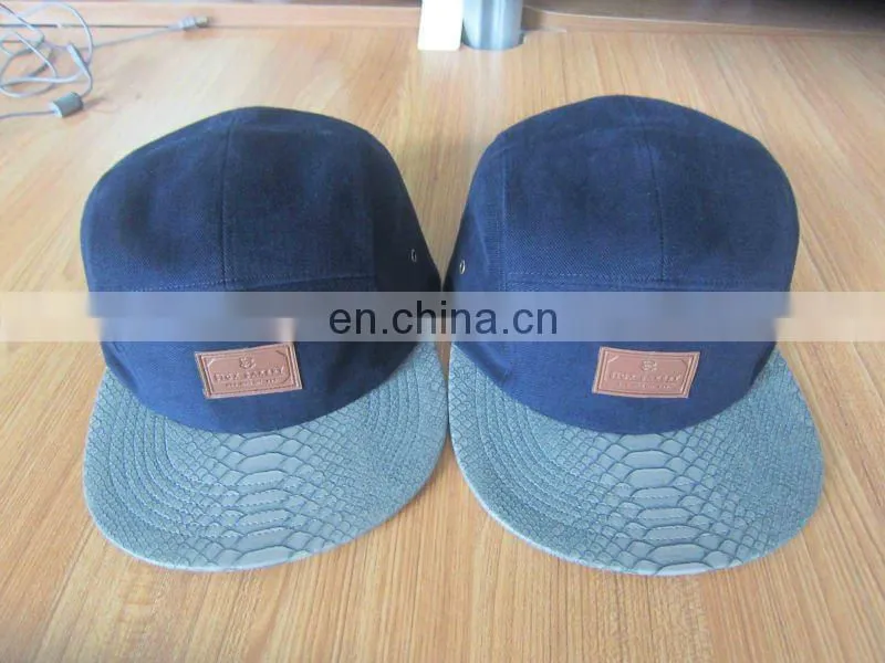 Black 5 panel hat with printing flat brim