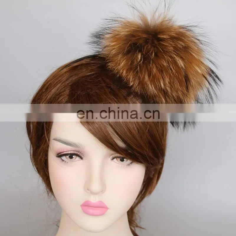 Natural color jumbo raccoon fur pompom accessory hairband hair hoop