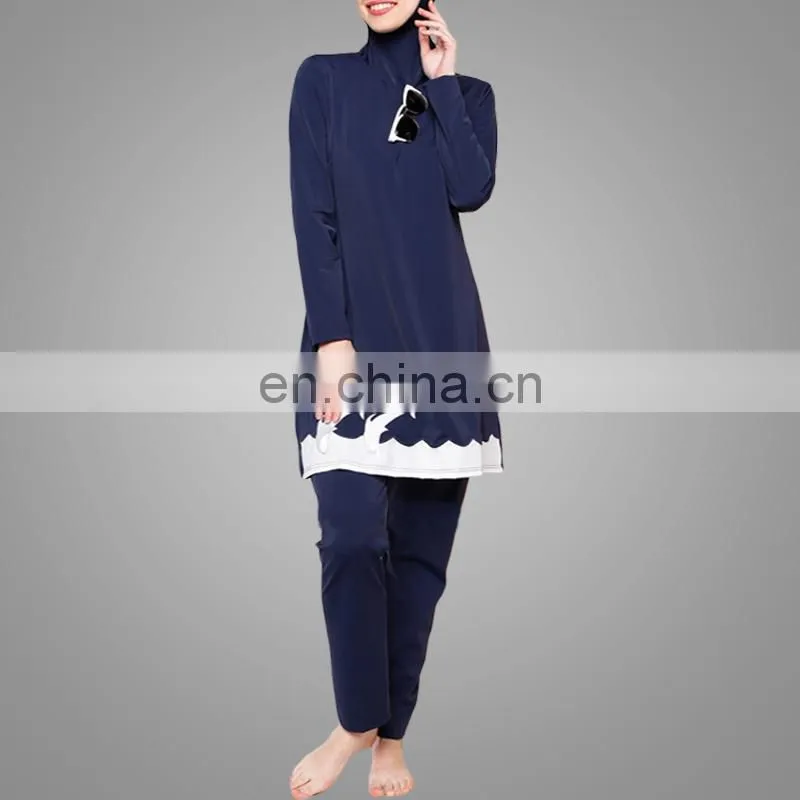 Modest Muslim Women Full Cover Swimwear Navy Embroidered Swimsuit
