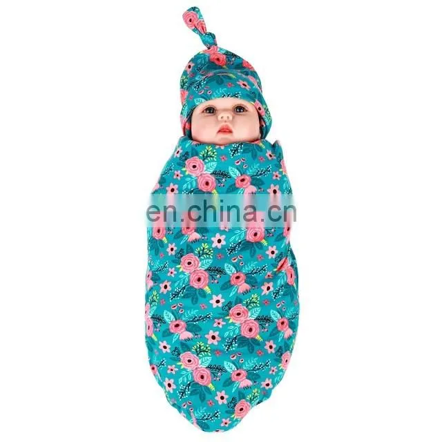 Newborn Infant Baby Cotton Floral Swaddle Blanket Hat With Receiving Blankets Set