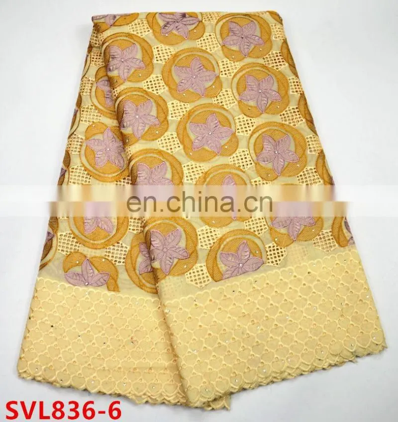 2017 African heavy swiss cotton lace fabric , Yellow +blue color nigeria cotton lace ,african dresses lace fabric cotton