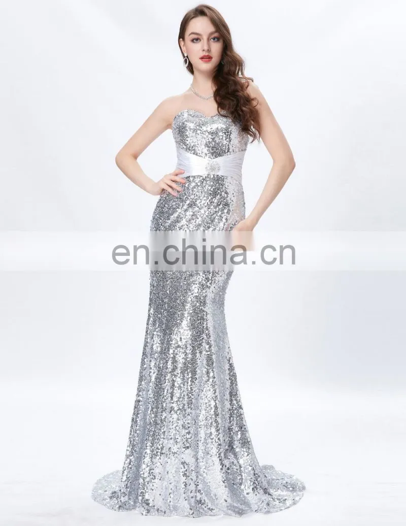 Grace Karin Strapless Sweetheart Neckline Long Mermaid Women's Special Occasion Sexy Silver Prom Dresses CL4409-4