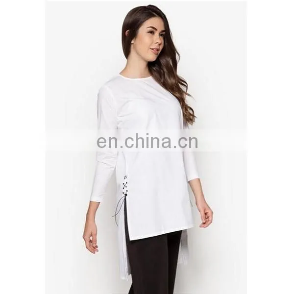 New Arrival Side Slit Tunic With Leather Cord Fashion Long Sleeve Muslim Top