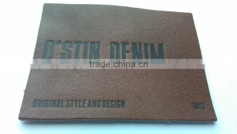 Custom real leather rectangle brown embossed slim patch for jeans