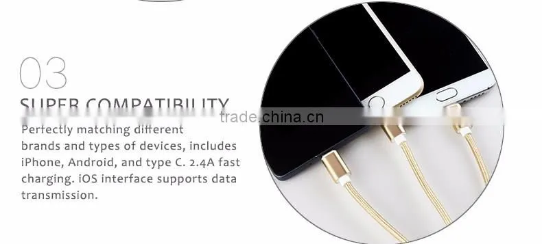 1.2m Nylon Woven Three Metal Plugs 3 in 1 Micro USB Cable Colorful Phone Cable for iPhone 6 6s Plus 5s Android Type C