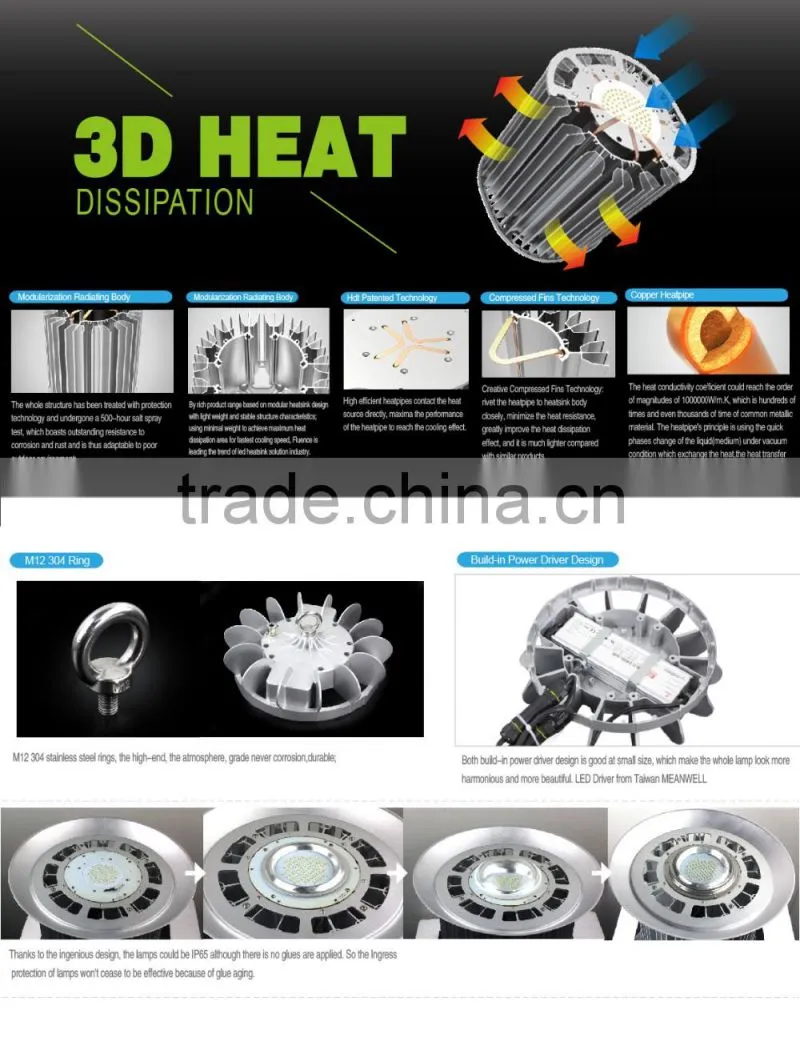 Free Lighting Design 2016 CE Rohs Approved Copper Heat Pipe Design 5 Years Warranty Meanwell Driver 300W High Bay LED Light