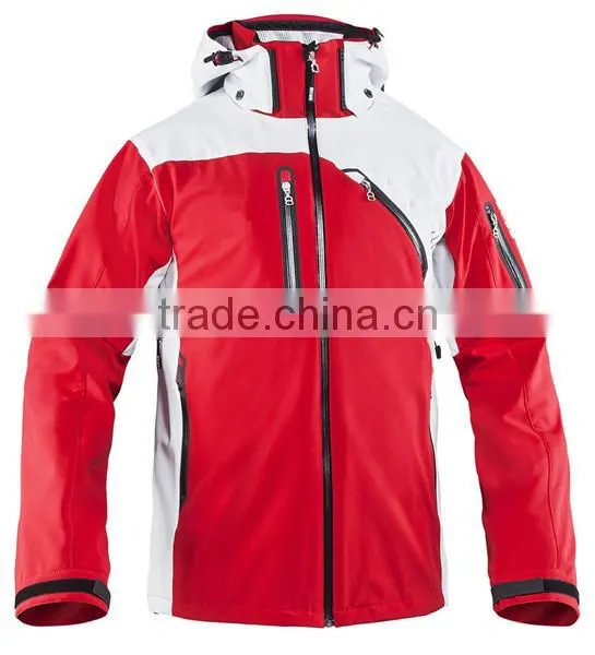 2015 fashion design red and white waterproof zipper softshell jacket for men