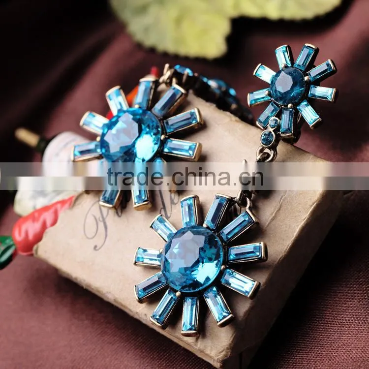 Blue gemstone sun flower earrings, wedding earrings, heavy earrings