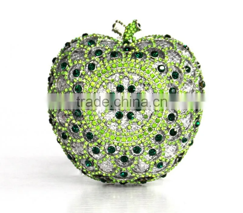 Vintage Fashion Green Apple Shaped Women Crystal Rhinestone Evening Clutch Purse