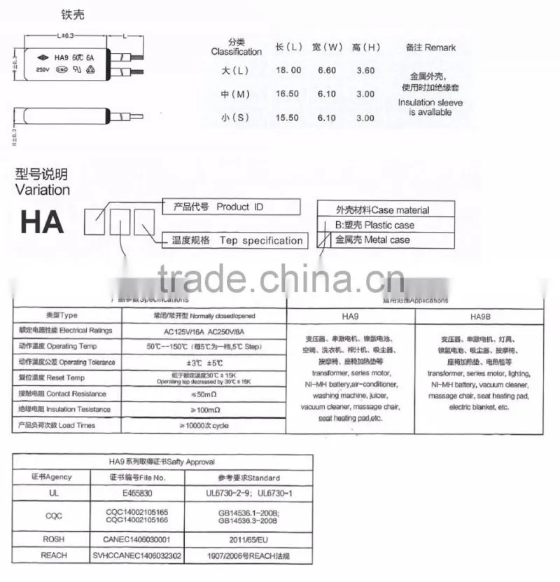 HA9 Normally Open/Close UL CQC Certified Snap Action Thermal Protector