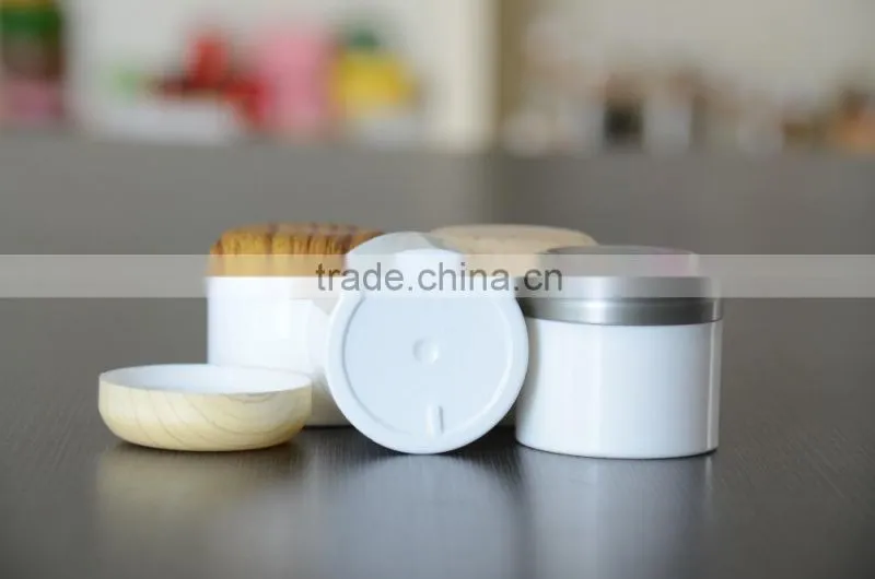 white color PP jar cream jar with bamboo cap 50g 100g cosmetic jar with wood cap