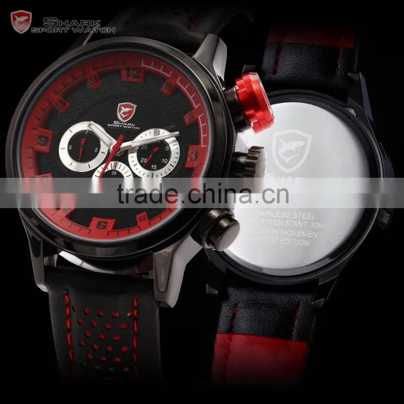 SHARK Date Day Display Stainless Steel Case Genuine Leather Strap Black Red Quartz Men's Sports Watch