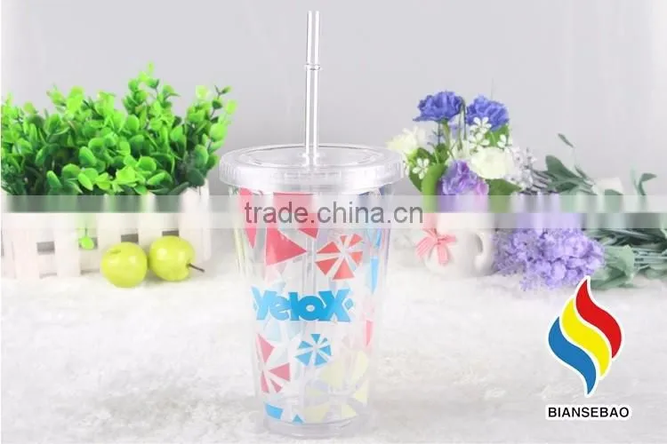 clear double wall 16oz plastic water tumbler with straw
