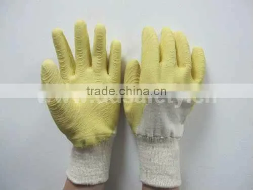 DDSAFETY 2017 Yellow Latex Crinkle Coated Cotton Gloves With Knit Wrist