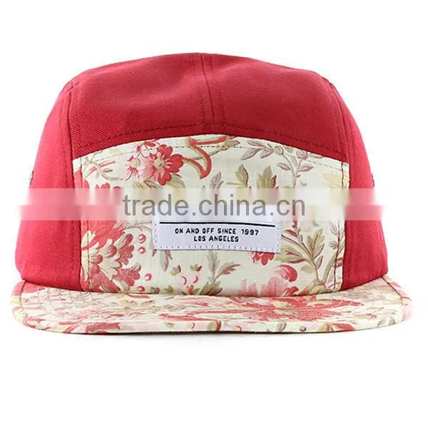 Floral front 5 panel camp cap fashion flat brim custom blank 5 panel camp cap