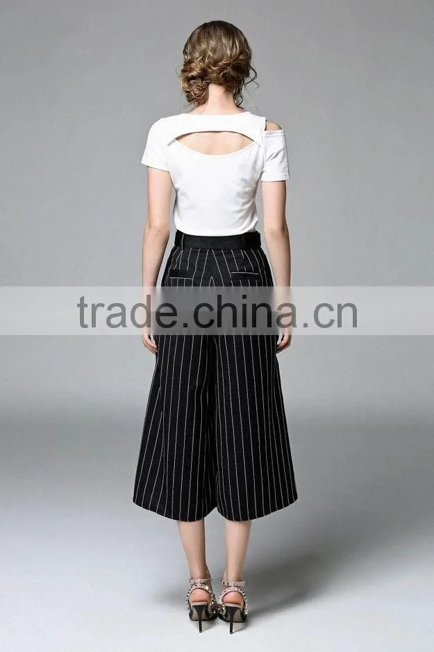 Two Pieces Set Women New Fashion Summer 2016 Ladies Off Shoulder T-Shirt Tops and Striped Print Wide Leg Pants