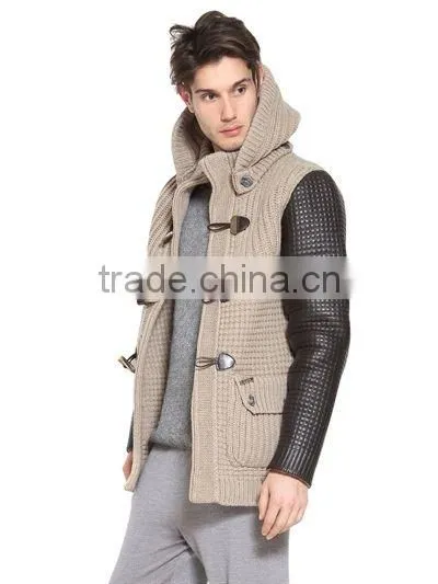 Men Hoodie knitted Cardigan Leather Sleeve wool Sweater Coat