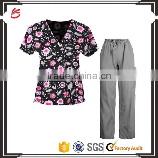 New sexy selling printed medical scrub for women mock wrap sets