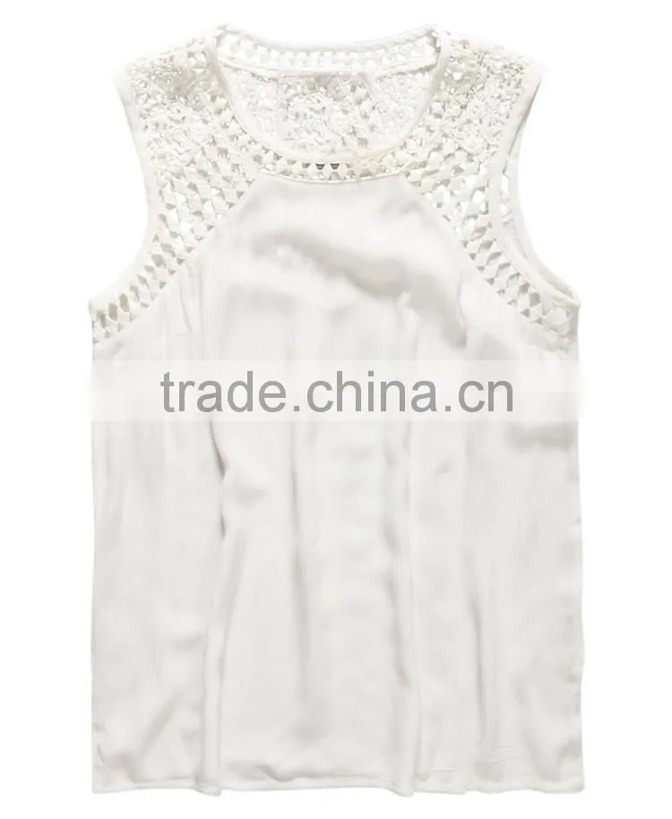 Guangzhou Shandao Supplier Latest Model Casual New Design Sleeveless Net Collar White Chiffon Women Top 2015