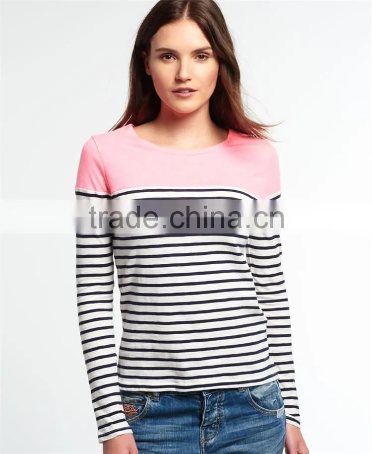 2016 Guangzhou Shandao High Fashion Design Autumn Long sleeve Round Neck Striped Printed Cotton Ladies Elastic Hem Tops