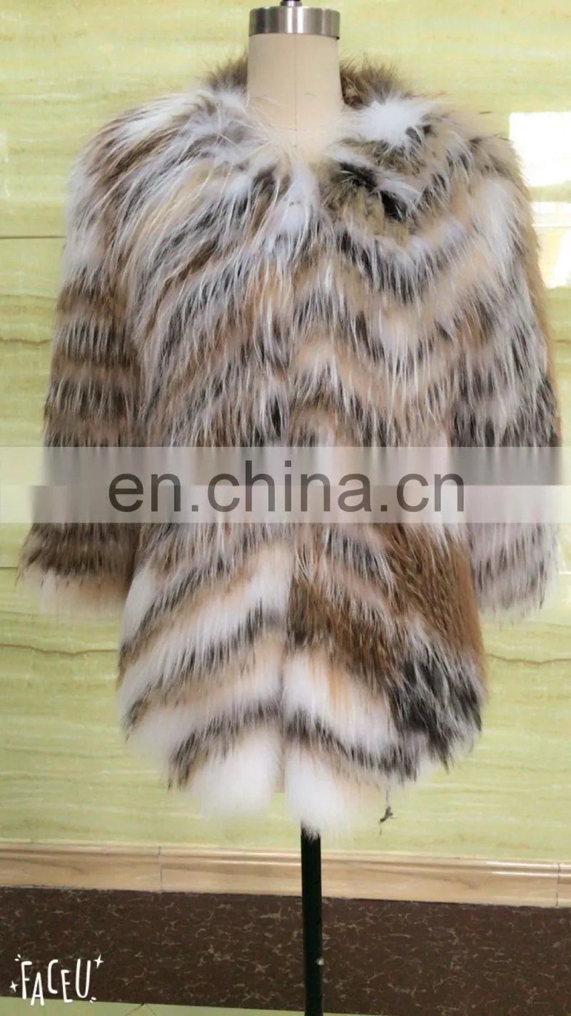 nature color real fur round collar jacket for women's wear