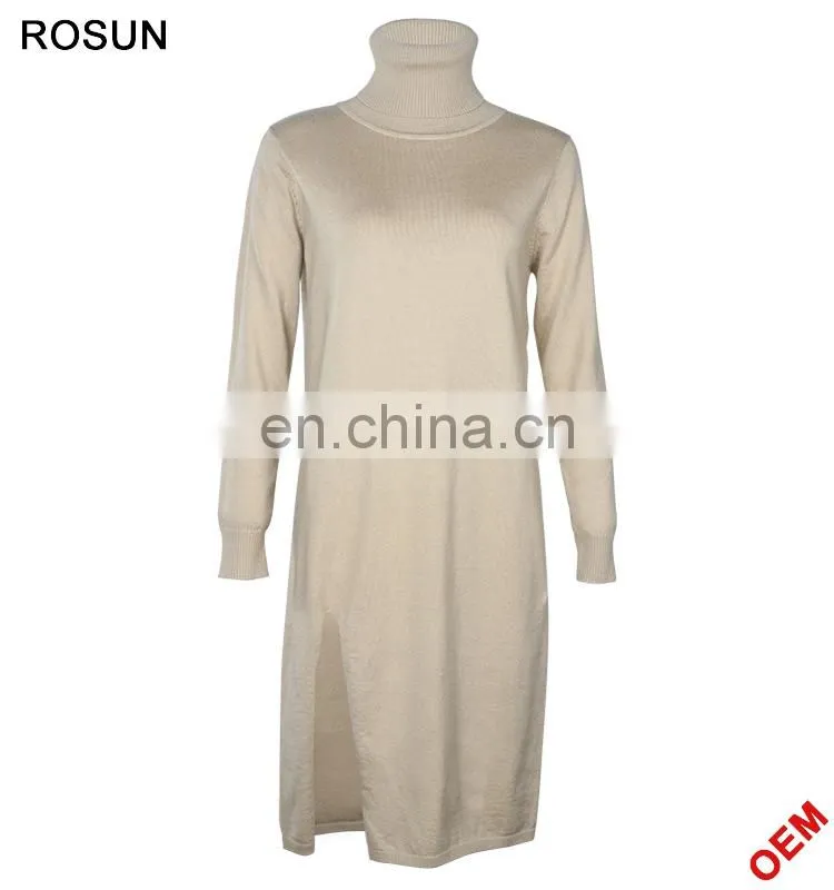 Women Turtleneck Long Sleeves Ribbed Split Side Knit Dress