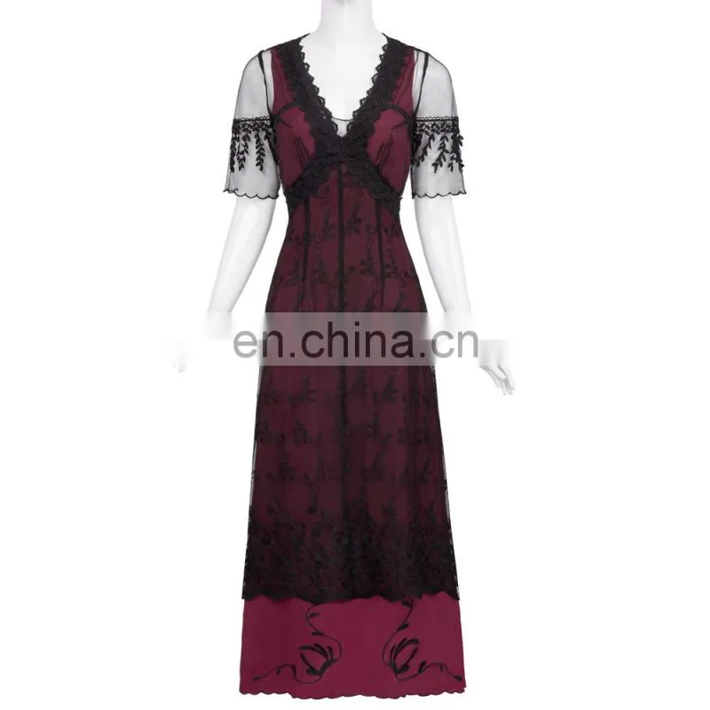 Belle Poque Sexy Women's Retro Vintage Half Sleeve V-Neck Lace Victorian Style Dress BP000247-2