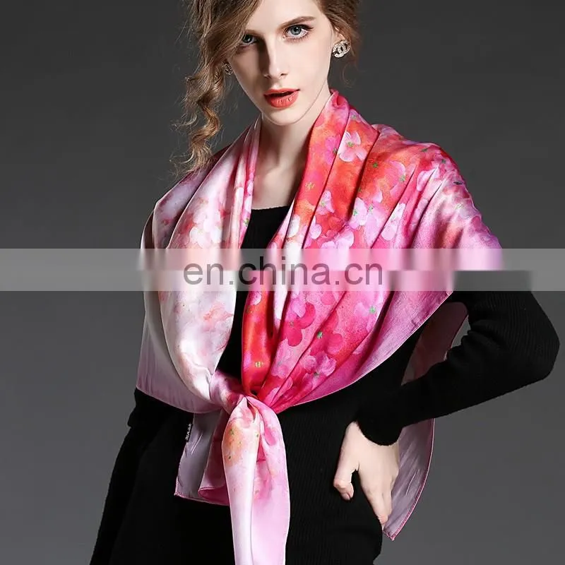 Pink silk square scarf for women with flowers