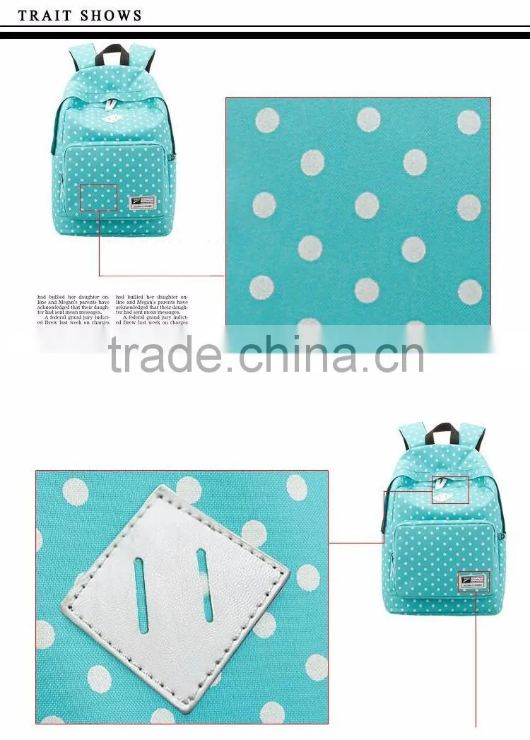 leisure school students shoulder bag for polyester backpack with dot bag