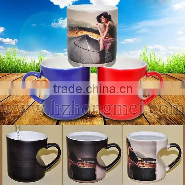 DIY 2015 New high quality 11oz Sublimation color changing mug heart shape handle
