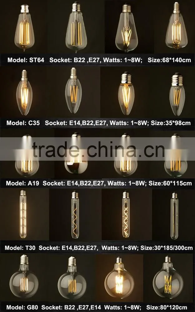ST64/ST21 COB led filament bulb with e27 e14 e26 b22 base