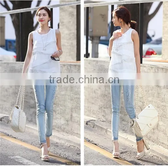 jeans femme 2016 Autumn fashion women jeans Rhinestone Slim Ripped Feet pencil skinny jeans women trousers