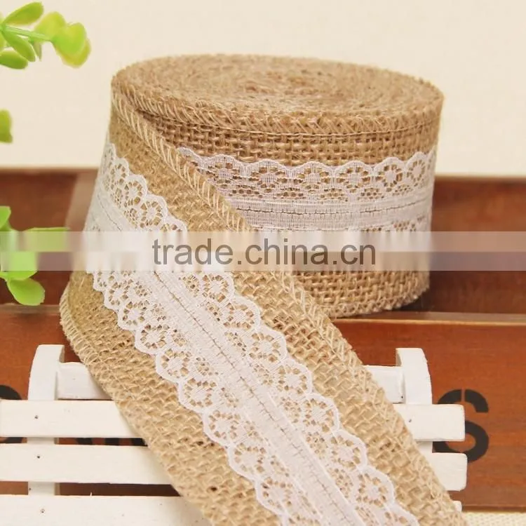 Vintage burlap lace tirm,rustic jute trims,wired burlap ribbon for wedding decoration
