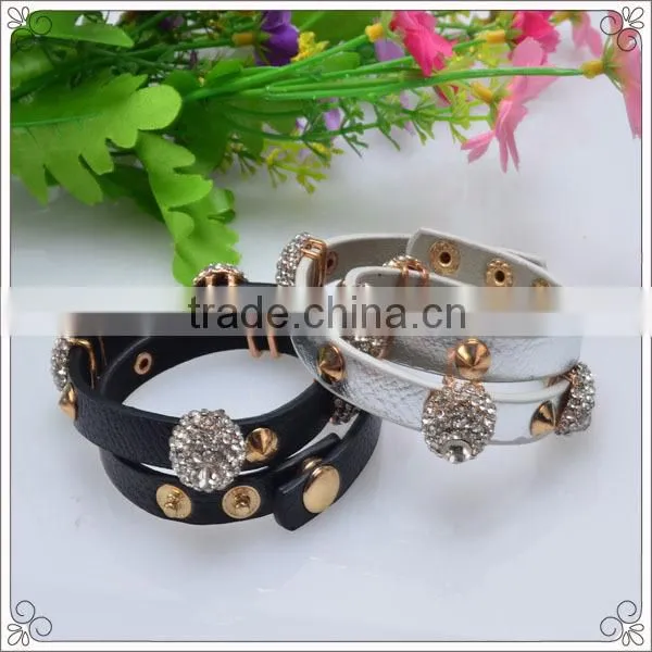 Black Slide Charms Pu Leather Bracelet With Crystal