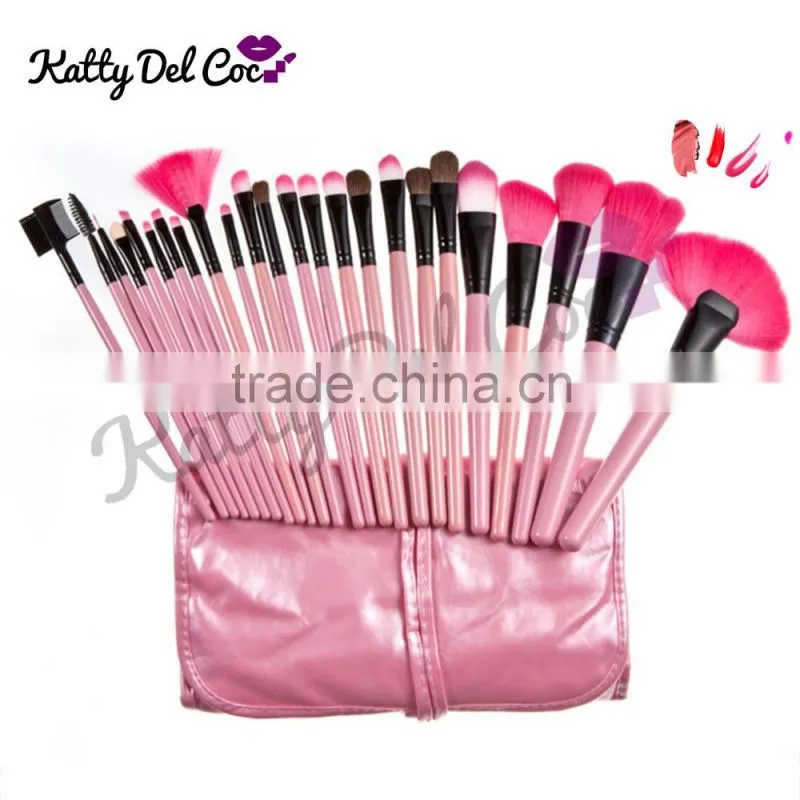 Best quality Pink 24pcs natural hair Pony professional makeup brush set with PU bag