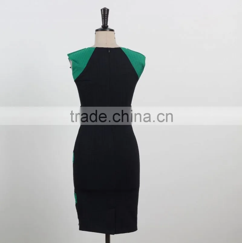 latest dress designs shiny beading elegant bodycon knee length evening dress green and black stripe sleeveless dress