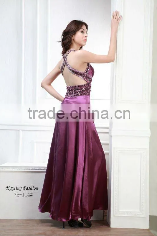 evening sequins beaded dresses purple evening dress spaghetti strap sexy backless evening dress 7E-114