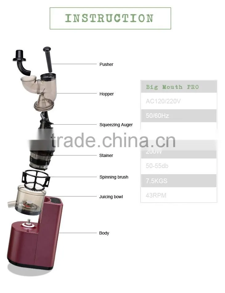 LF-6218 New arrival 200W AC induction motor 80mm whole apple fruit big mouth 43 RPM cold press slow juicer