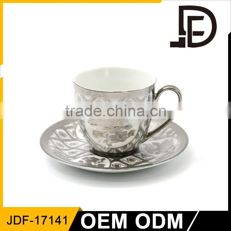 coffee cup set custom logo / silver pattern words printing coffee cup saucer