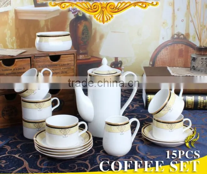 Fine china porcelain luxury 15pcs 17pcs coffee tea set arabic coffee cup table set with godeln decal