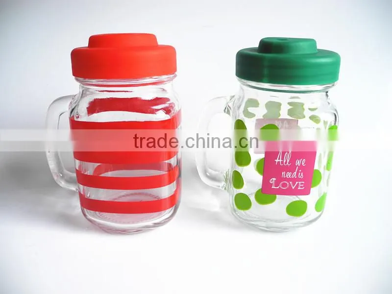 16oz handle decorative glass mason juice jar with plastic pig screw lid