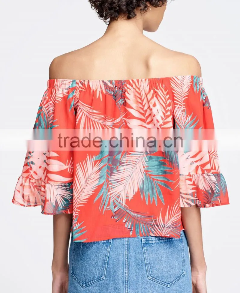 Tropical plant print tunic tops off the shoulder puff sleeve womens shirts