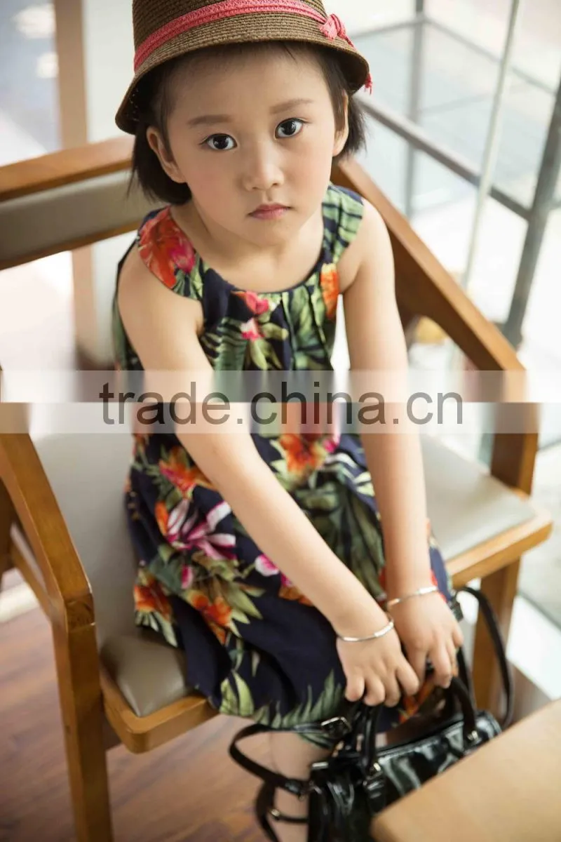 fashion 2016 girl sleeveless strap dress bright color printed flower girl dress