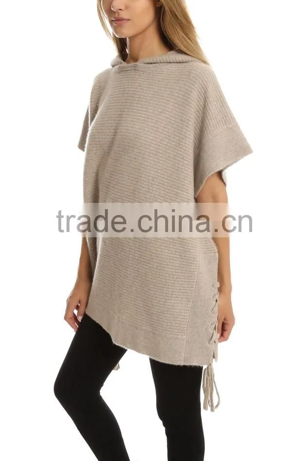 Oversized Half Sleeve Sweater Women with Hood and Drawstring Along the Side