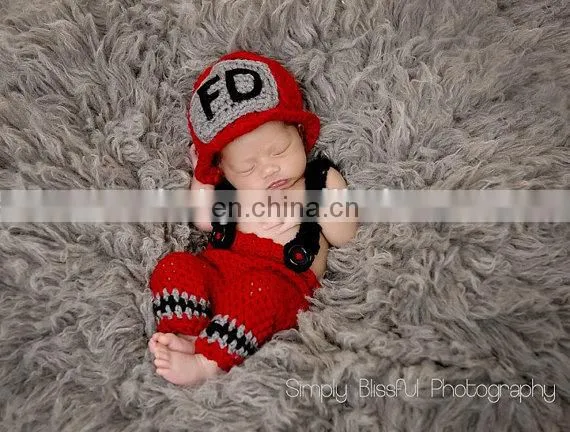 Newborn Baby Firefighter Fireman Red Hat Outfit, 2 pc Red Pant Set w/Suspenders, Photography Prop