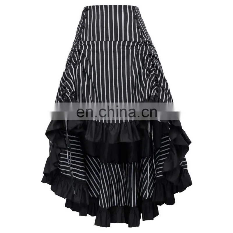 Belle Poque Striped Gathered Steampunk Vintage Gothic Style Black High-Low Skirt BP000345-2