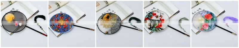 Chinese style multi-pattern silk embroidery dual-faced handmade round fan with long handle and tassel pendant(19*37cm)