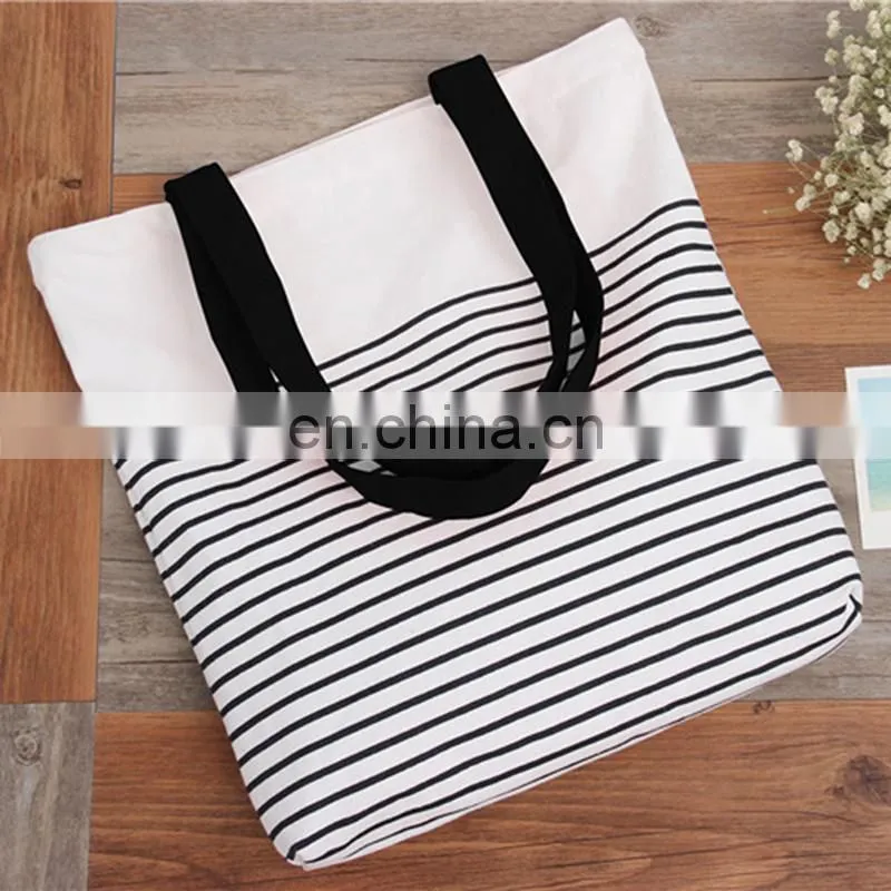 Wholesale Shopping Cotton Canvas Stripe Women Carrying Tote Bag with Bottom