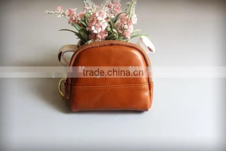 Colorful Genuine Waxy Leather Ladies Zipper Coin Purse Change Bag with keyring